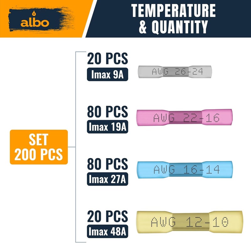 ALBO Set 200 PCS 26-10 AWG Mixing Heat Shrink Butt Connectors - Tinned Copper - Marine Grade Insulated Crimp Wire Connectors - Waterproof Electrical Connectors - Butt Splice for Auto, Marine, Stereo - Image 2